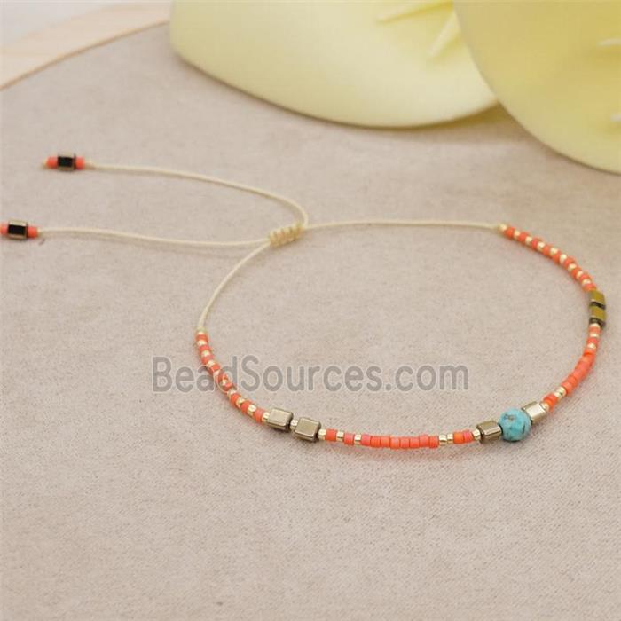 handmade miyuki glass Bracelet with turquoise, adjustable, orange