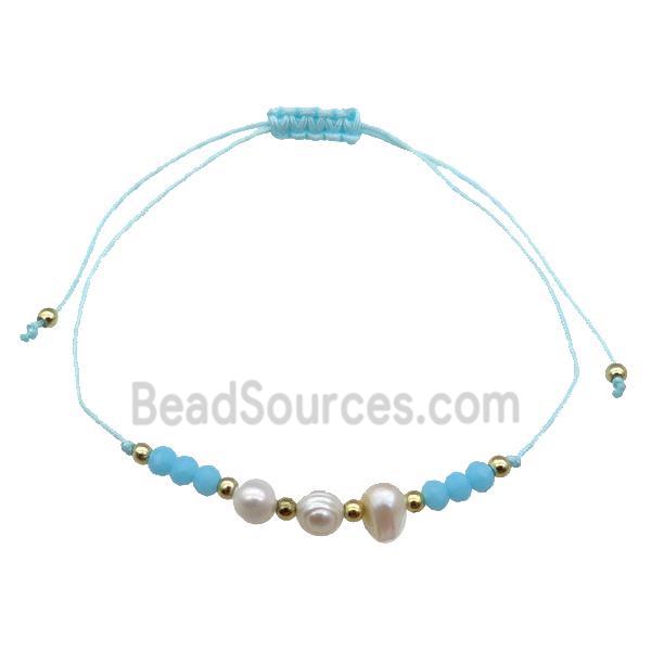 Pearl Bracelet With Crystal Glass Adjustable Blue
