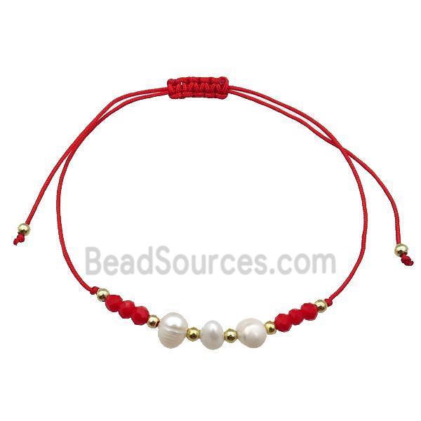 Pearl Bracelet With Crystal Glass Adjustable Red