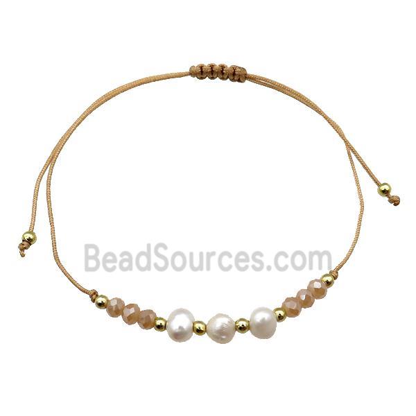 Pearl Bracelet With Crystal Glass Adjustable Beige