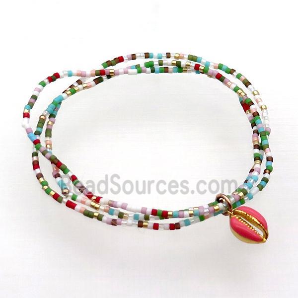 Seed Glass Bracelet 3 Strands Conch Shell Stretchy