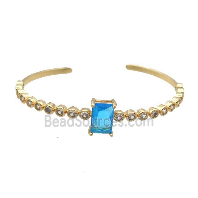 Copper Bangle Pave Zircon Blue Crystal Glass Rectangle Gold Plated