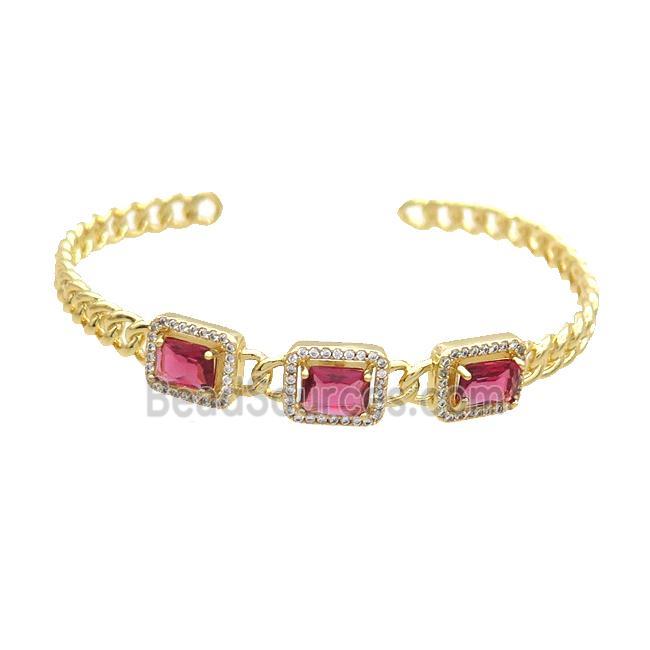 Copper Bangle Pave Zircon Red Crystal Glass Rectangle Gold Plated
