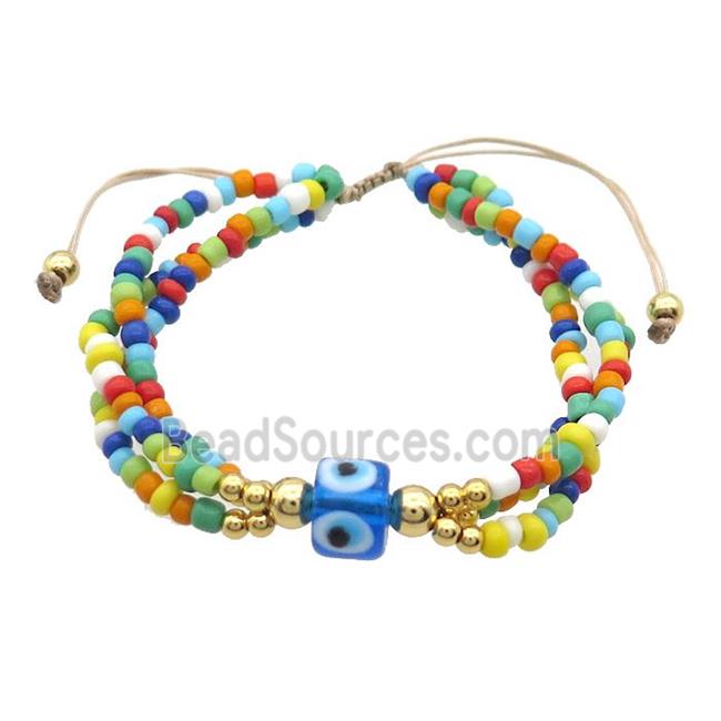 Seed Glass Bracelet Multicolor Lampwork Evil Eye Adjustable