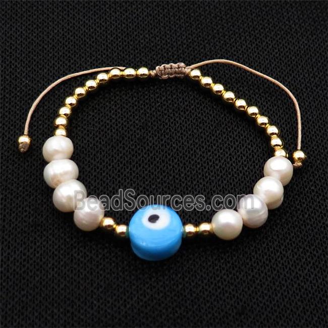 Pearl Bracelet With Lampwork Evil Eye Copper Adjustable