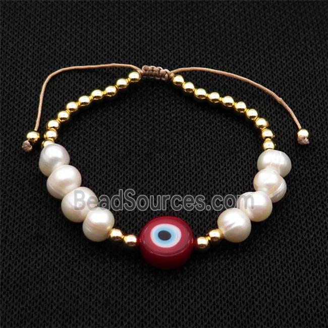 Pearl Bracelet With Lampwork Evil Eye Copper Adjustable