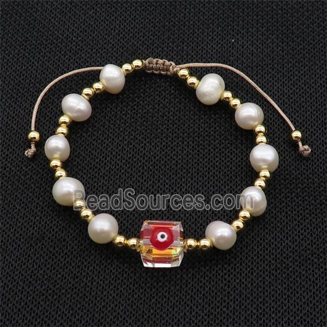 Pearl Bracelet With Evil Eye Copper Adjustable