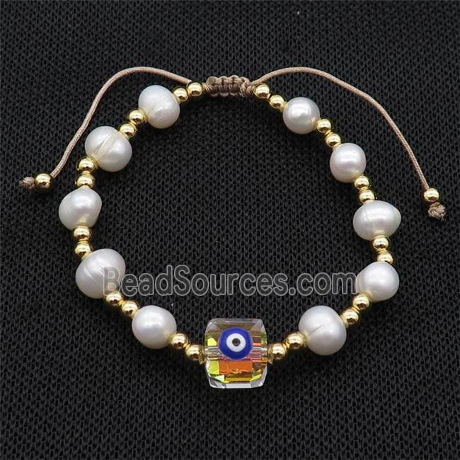 Pearl Bracelet With Evil Eye Copper Adjustable