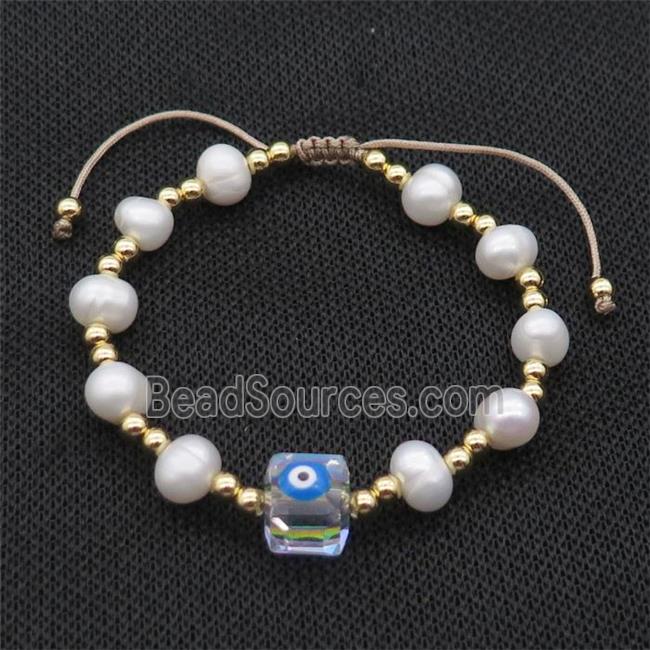 Pearl Bracelet With Evil Eye Copper Adjustable