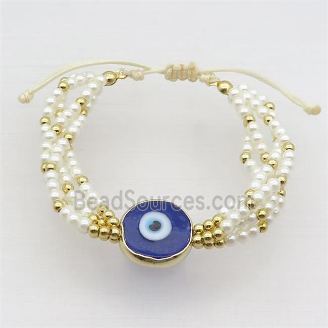 White Pearlized Glass Bracelet Blue Evil Eye Adjustable