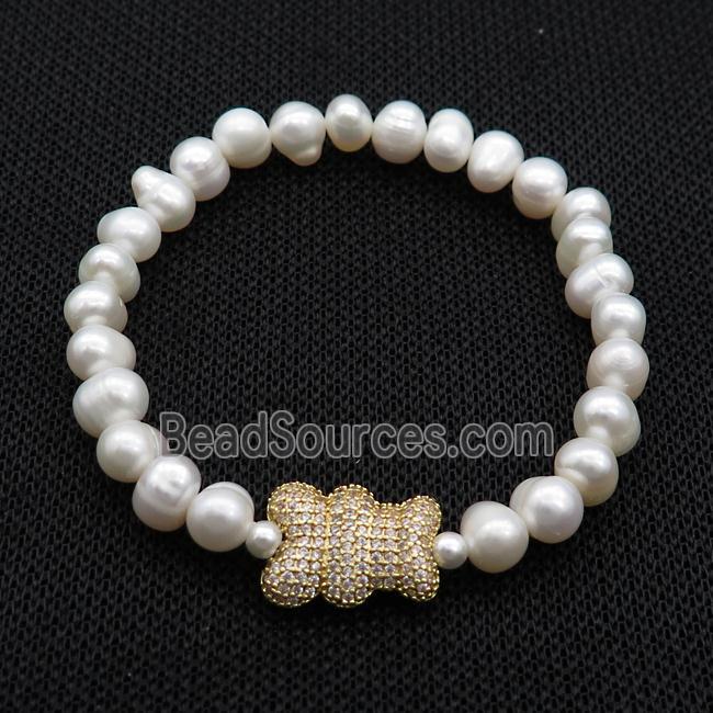 White Pearl Bracelet Bear Pave Zircon Stretchy