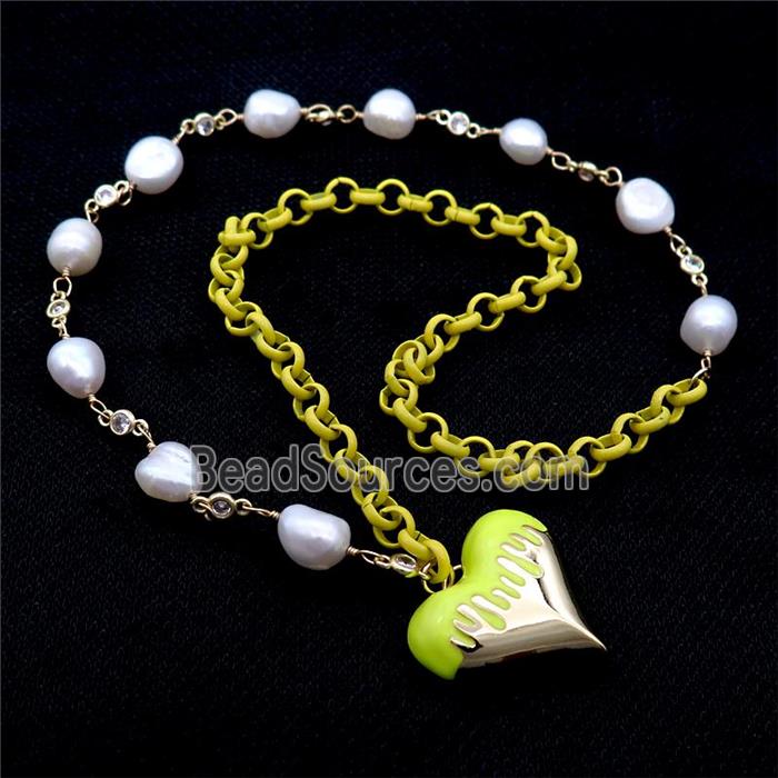 Copper Necklace Olive Lacquered Heart Pearl Gold Plated