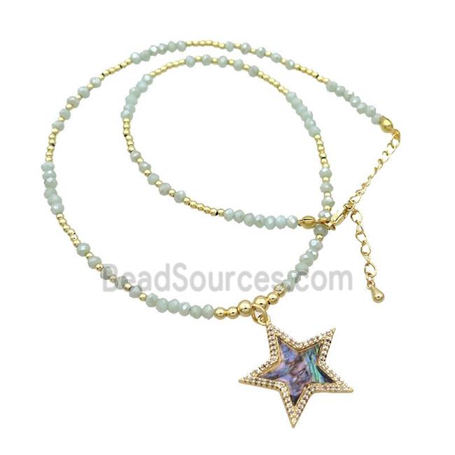 Green Crystal Glass Necklace Abalone Shell Star Gold Plated