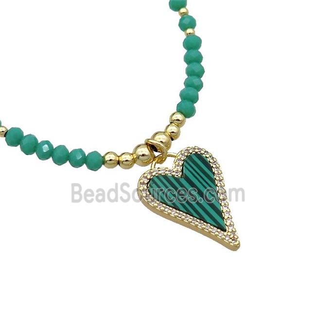 Green Crystal Glass Necklace Malachite Heart Gold Plated