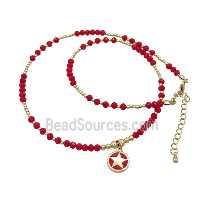 Red Crystal Glass Necklace Red Enamel Star Gold Plated