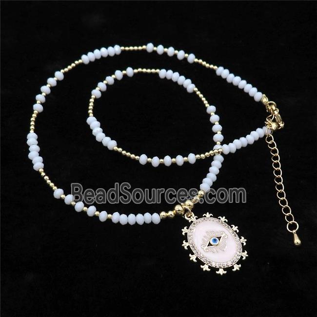 White Crystal Glass Necklace White Enamel Eye Gold Plated