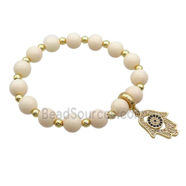 Beige Resin Bracelet Hamsahand Pave Zircon Stretchy