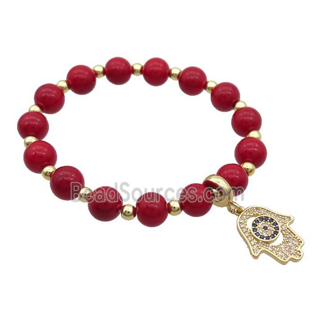 Red Resin Bracelet Hamsahand Pave Zircon Stretchy