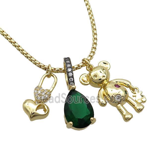 Copper Necklace LockHeart Bear Pave Zircon Crystal Glass Gold Plated