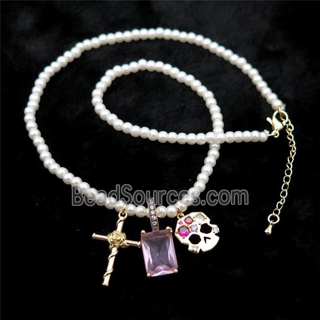 White Pearlized Plastic Necklace With Cross Skull Crystal Glass