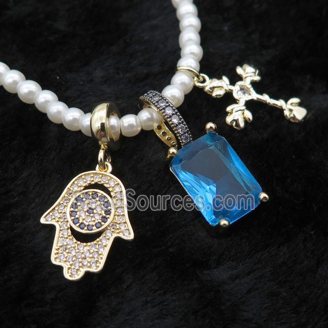 White Pearlized Plastic Necklace With Hamsahand Cross Crystal Glass