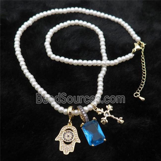 White Pearlized Plastic Necklace With Hamsahand Cross Crystal Glass