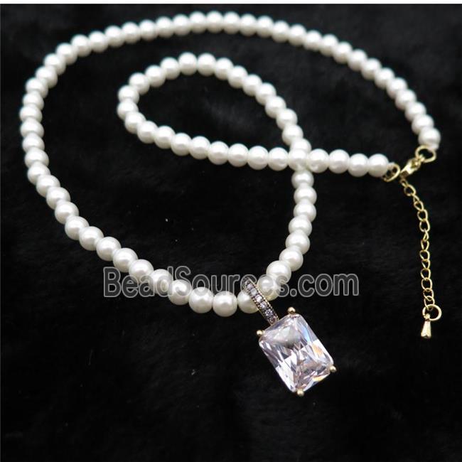 White Pearlized Plastic Necklace Pave Clear Crystal Glass Rectangle