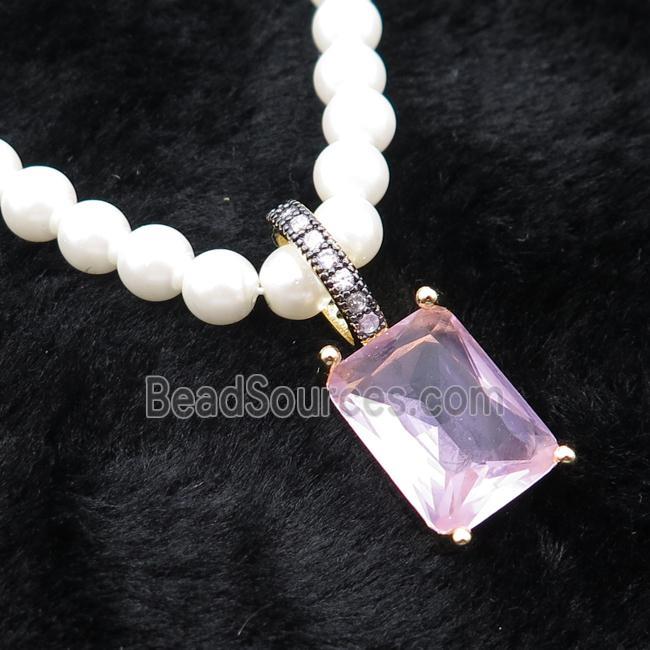 White Pearlized Plastic Necklace Pave Pink Crystal Glass Rectangle