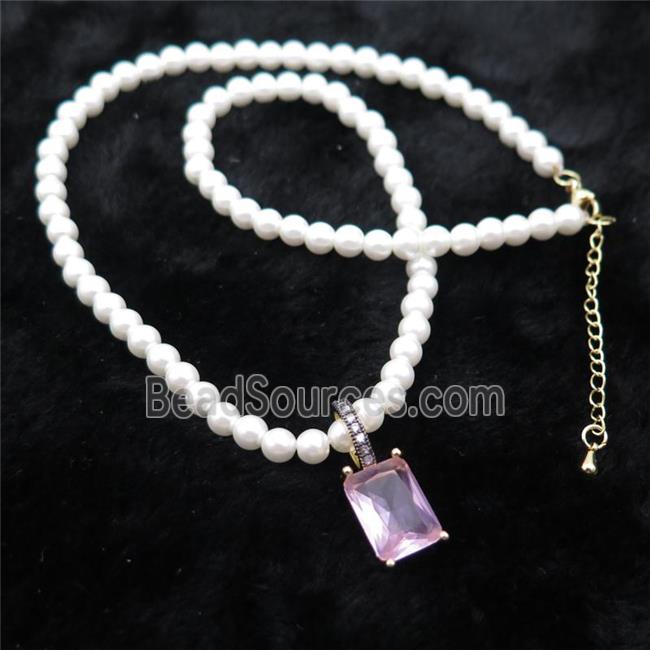 White Pearlized Plastic Necklace Pave Pink Crystal Glass Rectangle