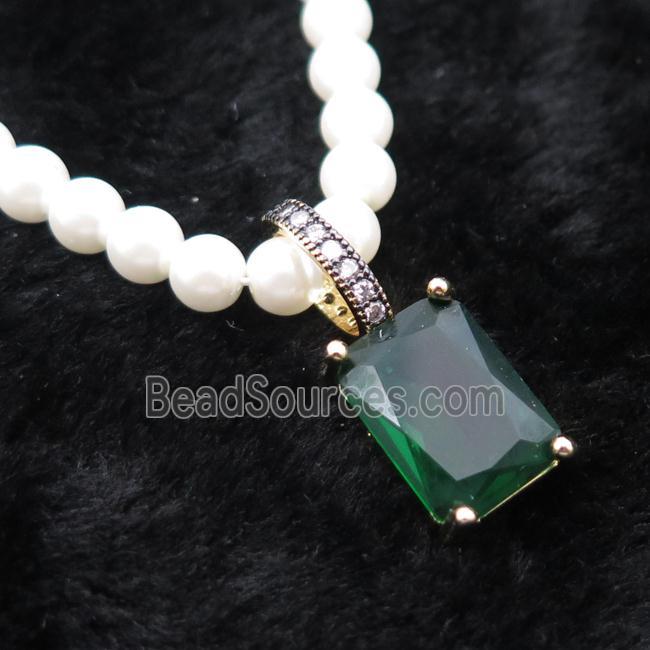 White Pearlized Plastic Necklace Pave Green Crystal Glass Rectangle