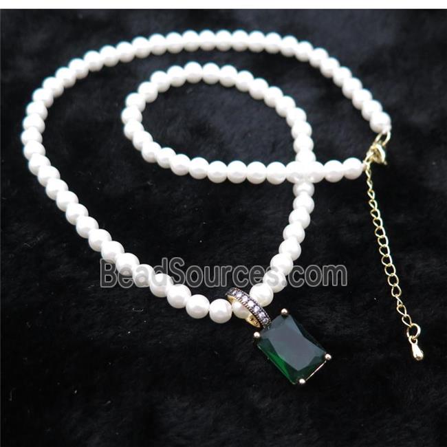 White Pearlized Plastic Necklace Pave Green Crystal Glass Rectangle