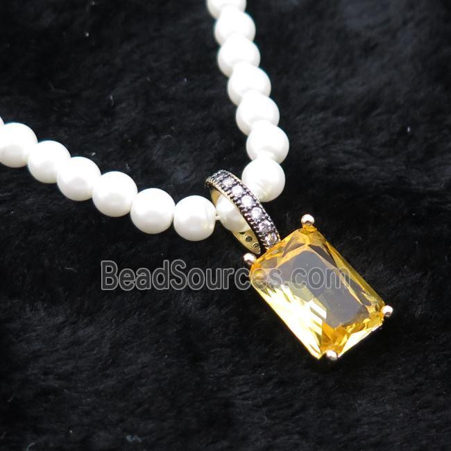 White Pearlized Plastic Necklace Pave Golden Crystal Glass Rectangle