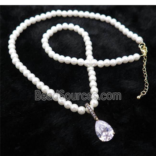 White Pearlized Plastic Necklace Pave Clear Crystal Glass Teardrop