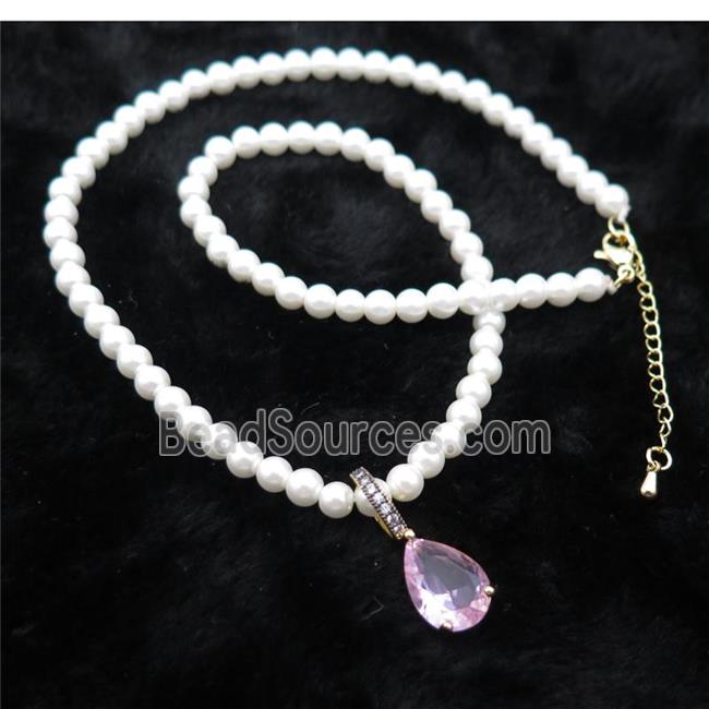 White Pearlized Plastic Necklace Pave Pink Crystal Glass Teardrop