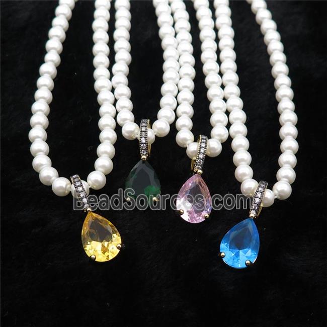 White Pearlized Plastic Necklace Pave Crystal Glass Teardrop Mixed