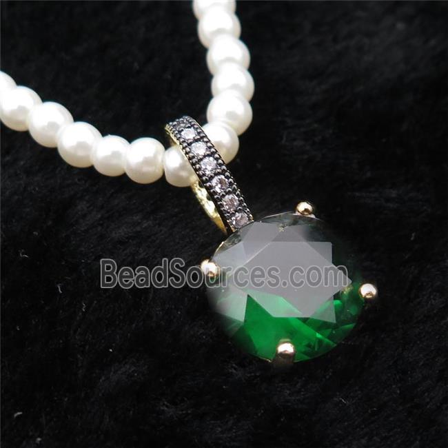 White Pearlized Plastic Necklace Pave Green Crystal Glass Circle