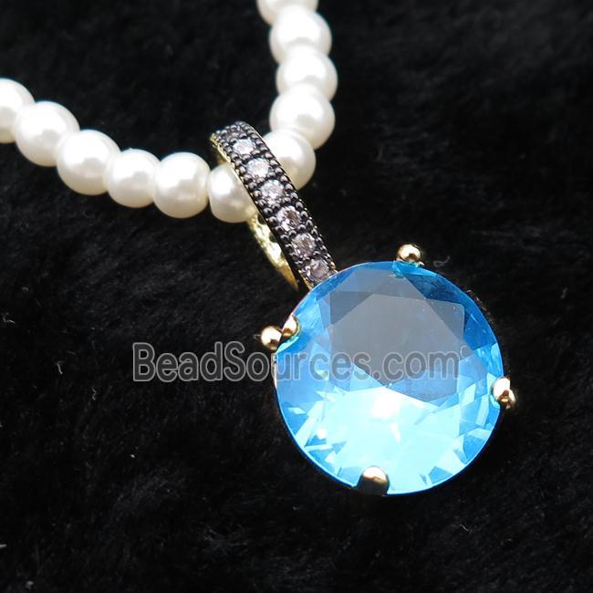 White Pearlized Plastic Necklace Pave Blue Crystal Glass Circle