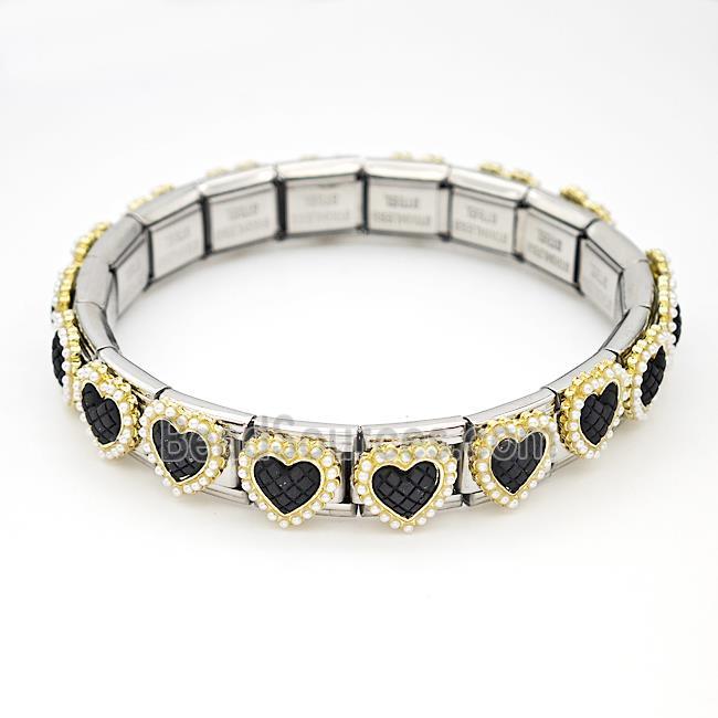 Stainless Steel Module Bracelet Heart Pave Pearlized Resin
