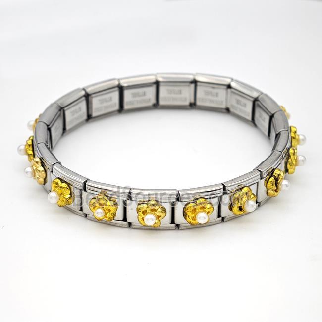 Stainless Steel Module Bracelet Flower Pave Pearlized Resin