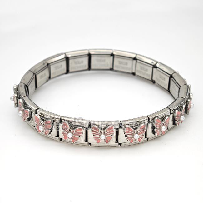 Stainless Steel Module Bracelet Butterfly Pink Enamel