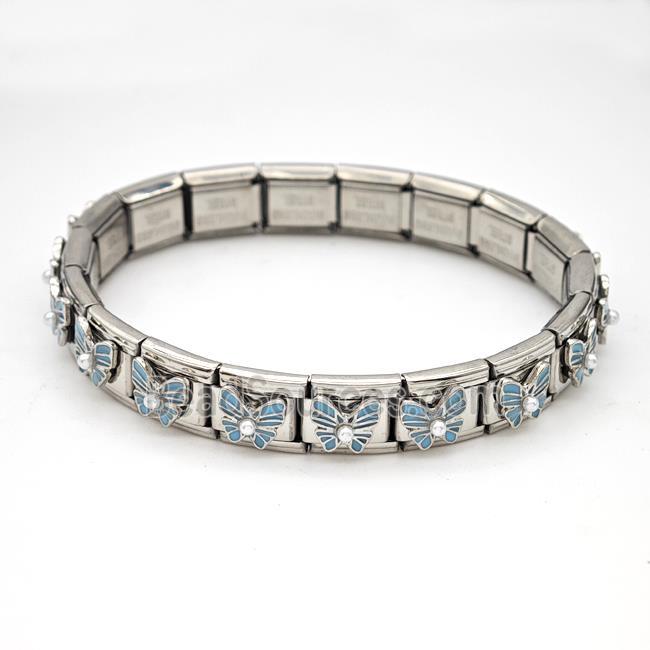 Stainless Steel Module Bracelet Butterfly Blue Enamel