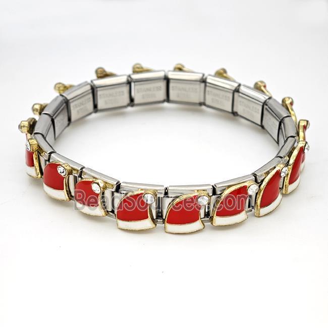 Stainless Steel Module Bracelet Christmas Hat Red Enamel