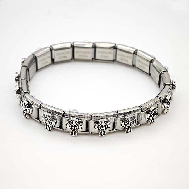 Raw Stainless Steel Module Bracelet Pave Alloy Cross