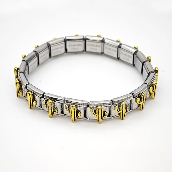 Raw Stainless Steel Module Bracelet Pave Alloy Cactus