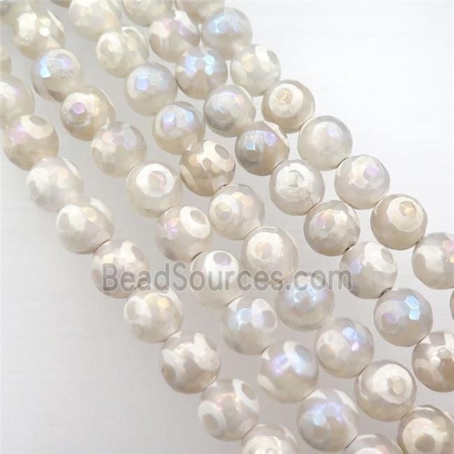 faceted round Tibetan Agate beads, white, eye, AB color electroplated