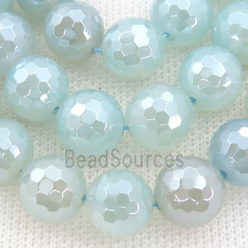 lt.aqua Agate Beads, faceted round, light electroplated