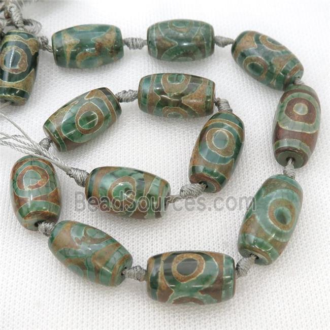 green Tibetan Agate barrel beads, evil eye