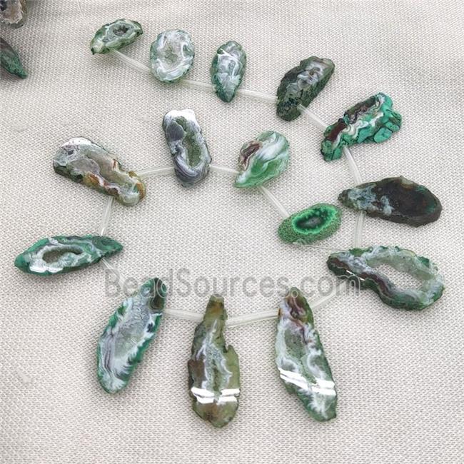 green Agate Geode Druzy slice beads, top-drilled