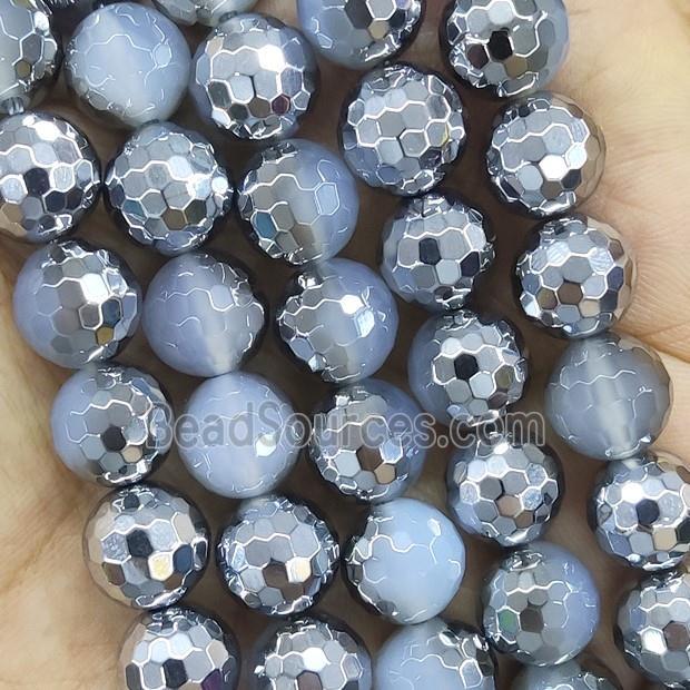 GrayWhite Agate Beads Faceted Round Half Silver Plated