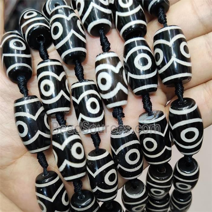 Tibetan Agate Barrel Beads Evil Eye Black